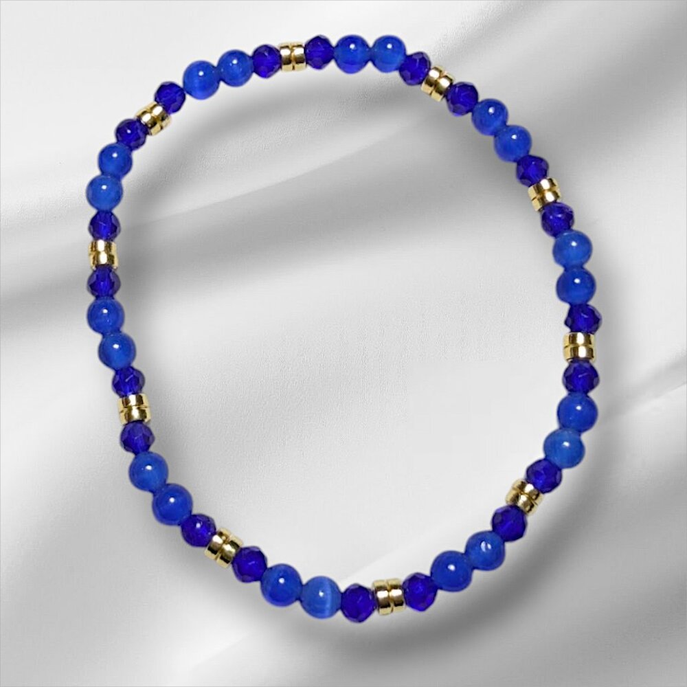Handmade Beaded Blue Bracelet natural gemstone Jade Cat's Eye hematite glass
